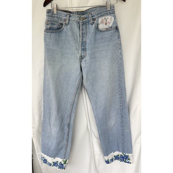 Levi's Denim - Levi’s 501 Jeans 32 Light Wash Floral Embroidered Cuffs Butterfly Patch USA Made